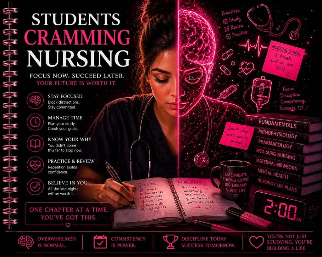 Nursing student study moment β focused late-night coursework, brand neon accent