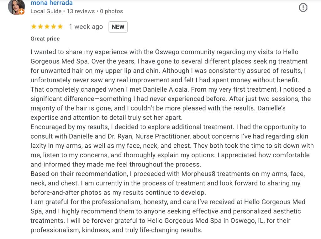 Google review by Mona Herrada — 5 stars for Hello Gorgeous Med Spa