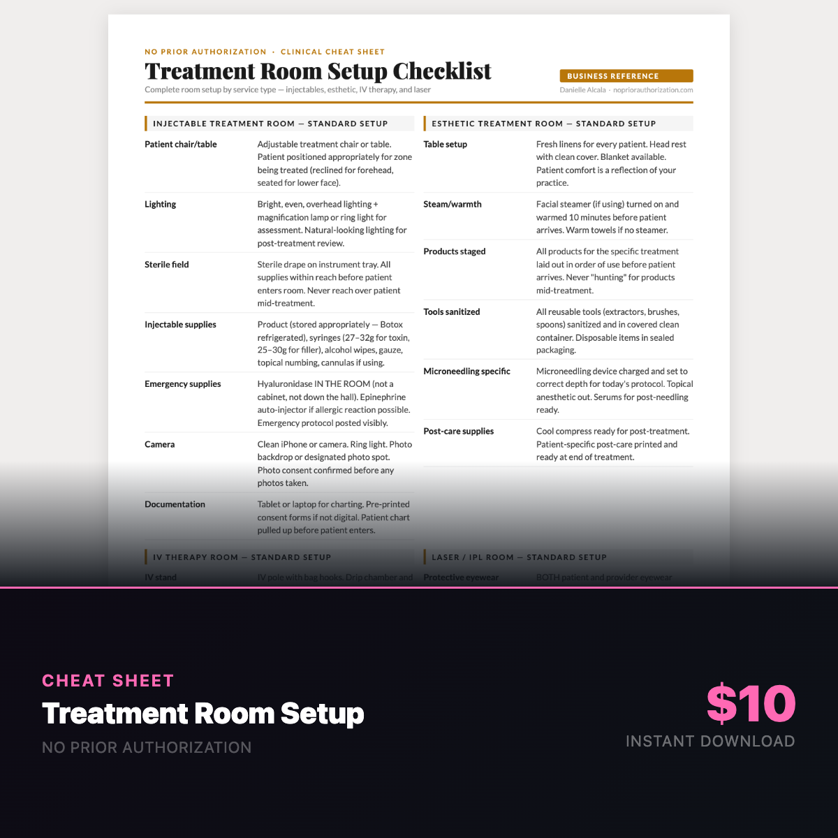 Treatment Room Setup Cheat Sheet